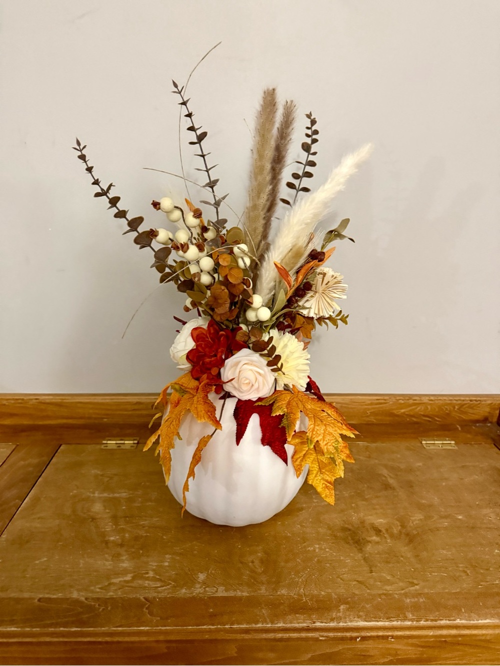 Autumn White Pumpkin Floral Arrangement - Fall Table Centerpiece